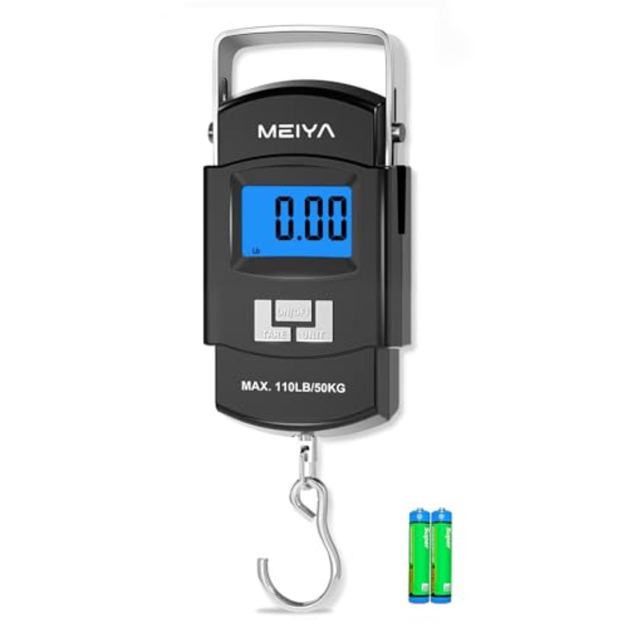 Fishing Hook - フィッシュスケール 110ポンド/50kg デジタルフィッシングスケール、バックライト付きLCD、ポータブルハンドル、ステンレススチールフック、2つのAAA電池付き、信頼性が高い
